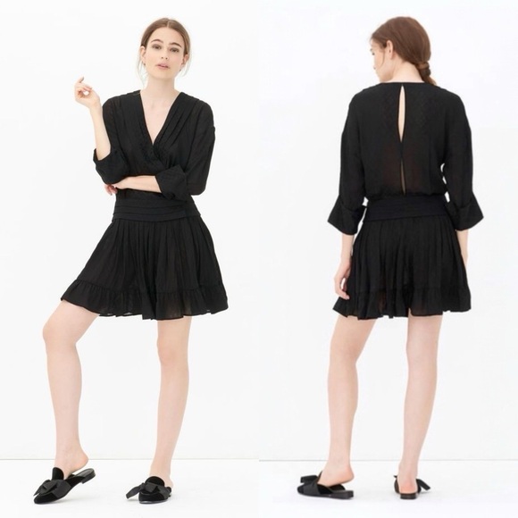 SANDRO • OBI Wrap-Effect Checked Voile Mini Dress in Black - Picture 2 of 16